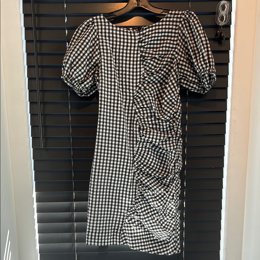 Ganni Black and White Asymmetrical Ruched Midi Dress